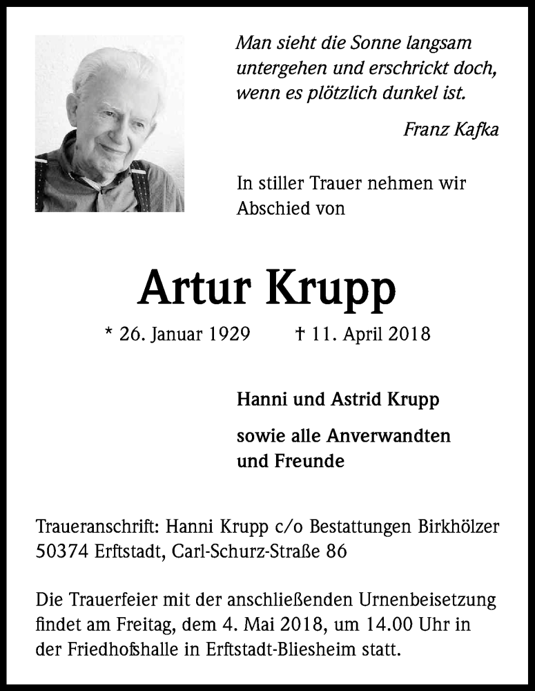  Traueranzeige für Artur Krupp vom 30.04.2018 aus Kölner Stadt-Anzeiger / Kölnische Rundschau / Express