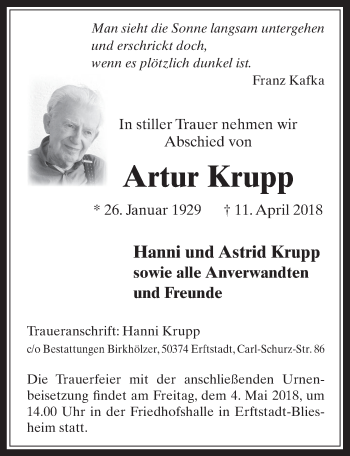 Anzeige von Artur Krupp von  Werbepost 