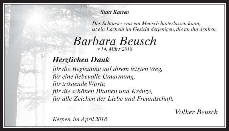  Traueranzeige für Barbara Beusch vom 11.04.2018 aus  Werbepost 