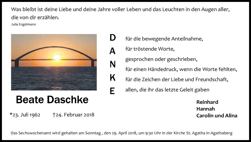  Traueranzeige für Beate Daschke vom 21.04.2018 aus Kölner Stadt-Anzeiger / Kölnische Rundschau / Express