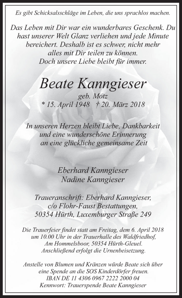  Traueranzeige für Beate Kanngieser vom 04.04.2018 aus  Wochenende 