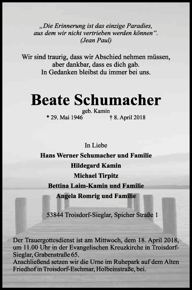  Traueranzeige für Beate Schumacher vom 14.04.2018 aus Kölner Stadt-Anzeiger / Kölnische Rundschau / Express