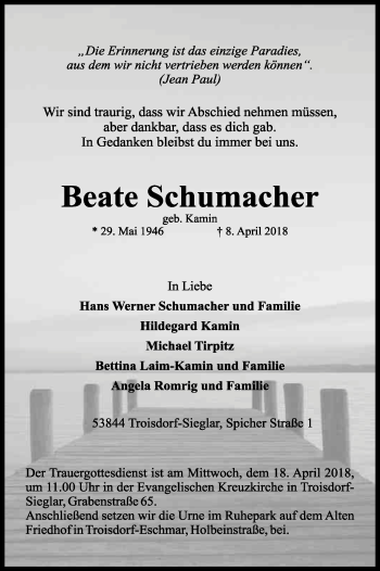 Anzeige von Beate Schumacher von Kölner Stadt-Anzeiger / Kölnische Rundschau / Express