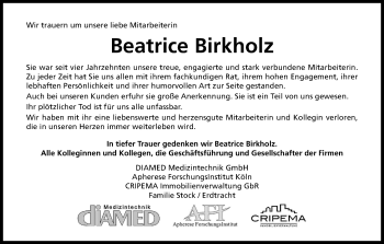 Anzeige von Beatrice Birkholz von Kölner Stadt-Anzeiger / Kölnische Rundschau / Express
