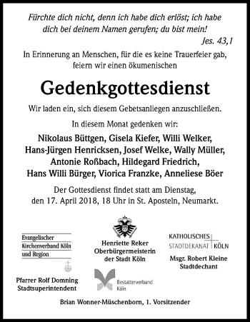 Anzeige von Beerdigungen vom 14.04.2018 von Kölner Stadt-Anzeiger / Kölnische Rundschau / Express