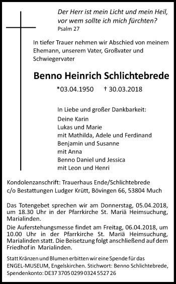Anzeige von Benno Heinrich Schlichtebrede von Kölner Stadt-Anzeiger / Kölnische Rundschau / Express