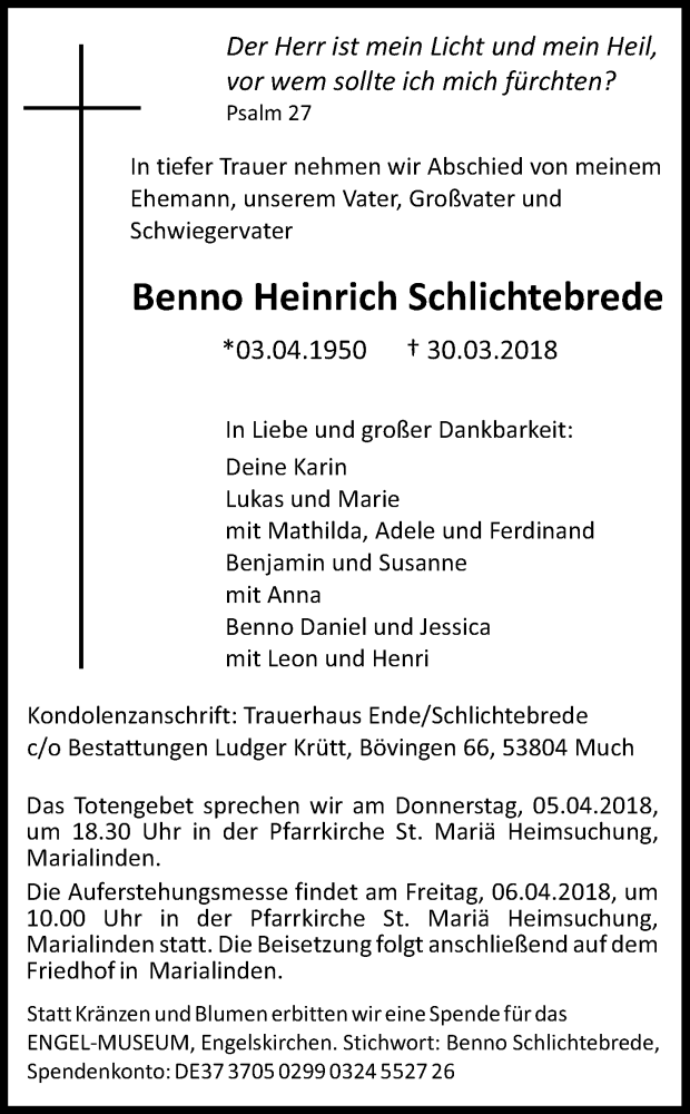  Traueranzeige für Benno Heinrich Schlichtebrede vom 04.04.2018 aus Kölner Stadt-Anzeiger / Kölnische Rundschau / Express