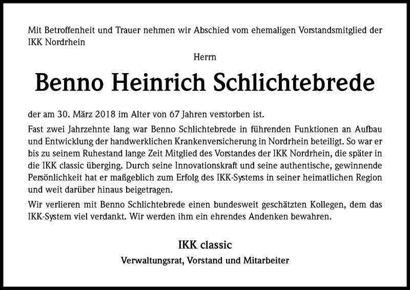  Traueranzeige für Benno Heinrich Schlichtebrede vom 11.04.2018 aus Kölner Stadt-Anzeiger / Kölnische Rundschau / Express