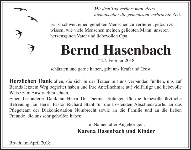  Traueranzeige für Bernd Hasenbach vom 25.04.2018 aus  Lokalanzeiger 