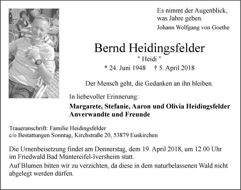  Traueranzeige für Bernd Heidingsfelder vom 14.04.2018 aus  Blickpunkt Euskirchen 