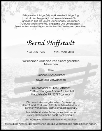 Anzeige von Bernd Hoffstadt von Kölner Stadt-Anzeiger / Kölnische Rundschau / Express