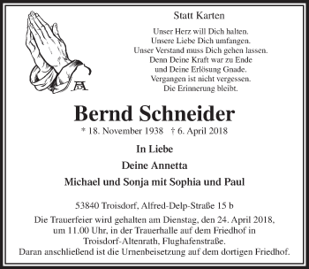 Anzeige von Bernd Schneider von  Extra Blatt 