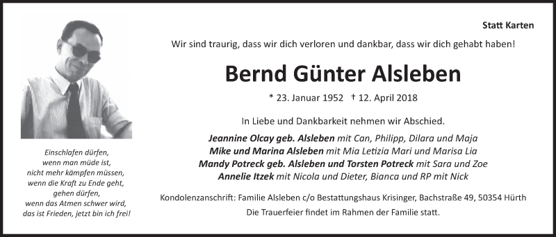  Traueranzeige für Bernd Günter Alsleben vom 25.04.2018 aus  Wochenende 