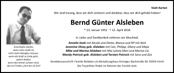 Anzeige von Bernd Günter Alsleben von Kölner Stadt-Anzeiger / Kölnische Rundschau / Express