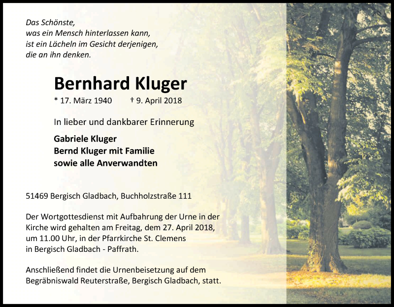  Traueranzeige für Bernhard Kluger vom 21.04.2018 aus Kölner Stadt-Anzeiger / Kölnische Rundschau / Express