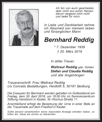 Anzeige von Bernhard Reddig von  Werbepost 