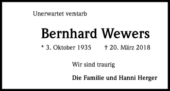 Anzeige von Bernhard Wewers von Kölner Stadt-Anzeiger / Kölnische Rundschau / Express