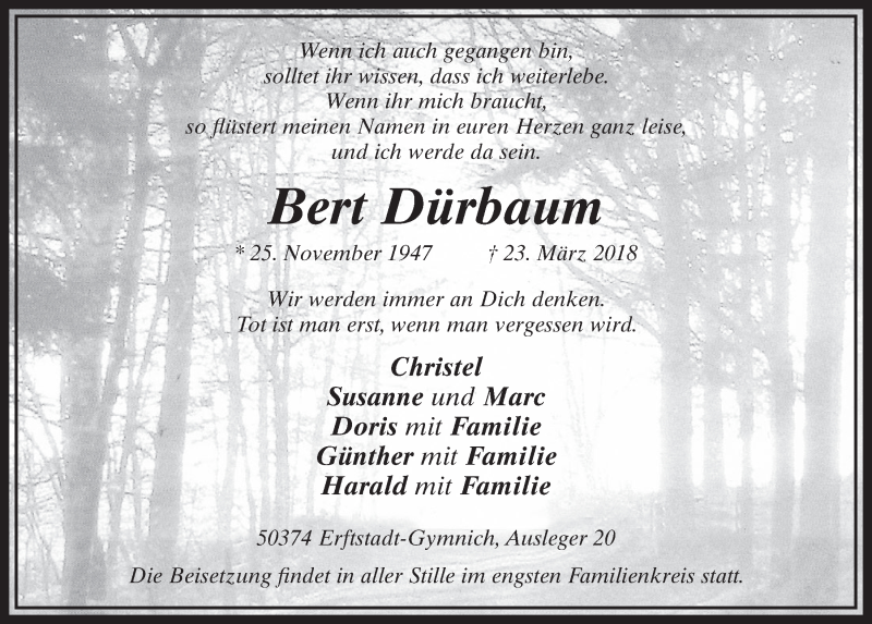  Traueranzeige für Bert Dürbaum vom 14.04.2018 aus  Werbepost 