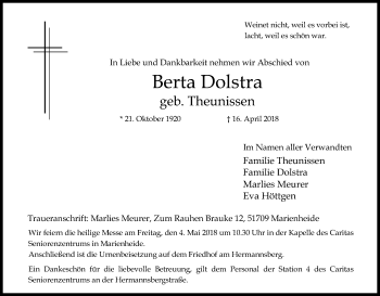 Anzeige von Berta Dolstra von Kölner Stadt-Anzeiger / Kölnische Rundschau / Express