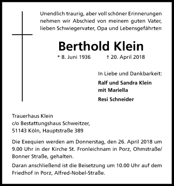 Anzeige von Berthold Klein von Kölner Stadt-Anzeiger / Kölnische Rundschau / Express