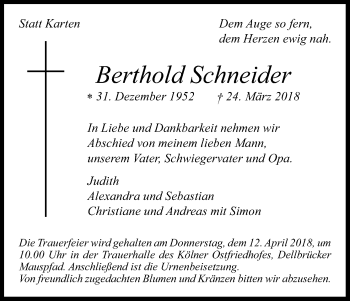 Anzeige von Berthold Schneider von Kölner Stadt-Anzeiger / Kölnische Rundschau / Express