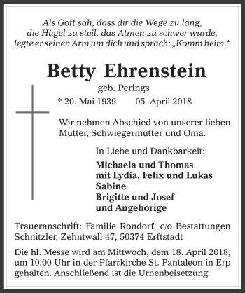 Anzeige von Betty Ehrenstein von  Werbepost 