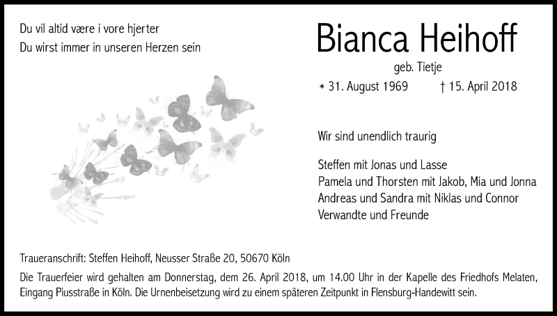  Traueranzeige für Bianca Heihoff vom 21.04.2018 aus Kölner Stadt-Anzeiger / Kölnische Rundschau / Express