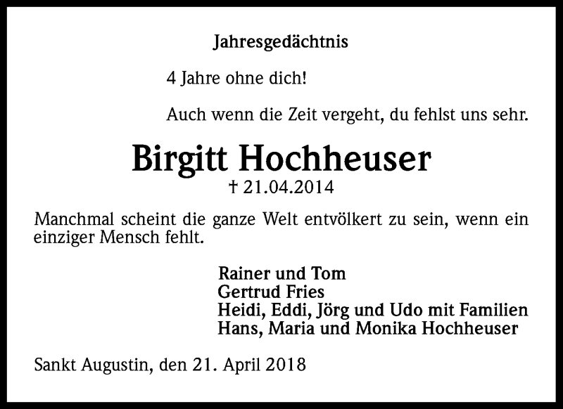  Traueranzeige für Birgitt Hochheuser vom 21.04.2018 aus Kölner Stadt-Anzeiger / Kölnische Rundschau / Express
