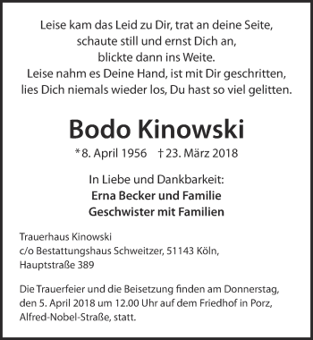 Anzeige von Bodo Kinowski von  Kölner Wochenspiegel 