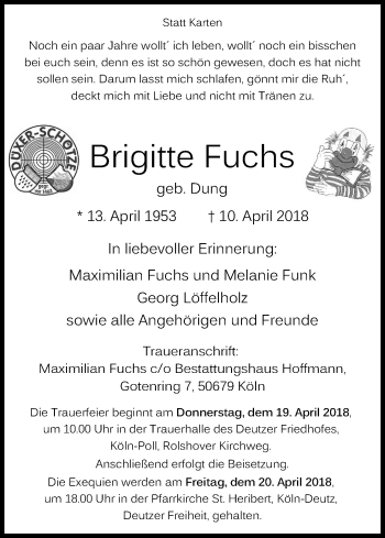 Anzeige von Brigitte Fuchs von Kölner Stadt-Anzeiger / Kölnische Rundschau / Express