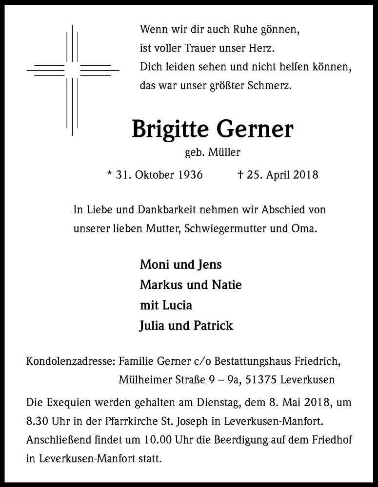  Traueranzeige für Brigitte Gerner vom 01.05.2018 aus Kölner Stadt-Anzeiger / Kölnische Rundschau / Express