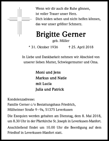 Anzeige von Brigitte Gerner von Kölner Stadt-Anzeiger / Kölnische Rundschau / Express