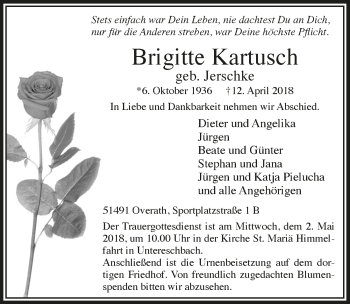Anzeige von Brigitte Kartusch von  Bergisches Handelsblatt 