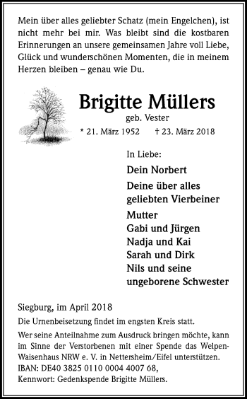 Anzeige von Brigitte Müllers von Kölner Stadt-Anzeiger / Kölnische Rundschau / Express
