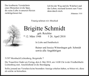 Anzeige von Brigitte Schmidt von Kölner Stadt-Anzeiger / Kölnische Rundschau / Express