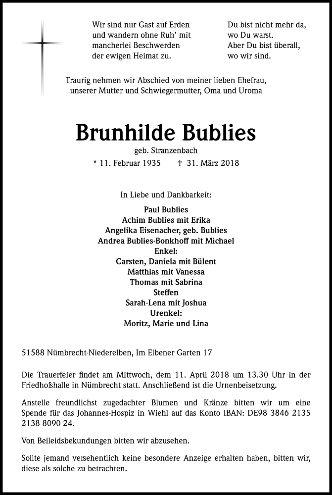  Traueranzeige für Brunhilde Bublies vom 07.04.2018 aus Kölner Stadt-Anzeiger / Kölnische Rundschau / Express