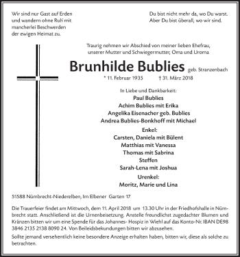 Anzeige von Brunhilde Bublies von  Lokalanzeiger 