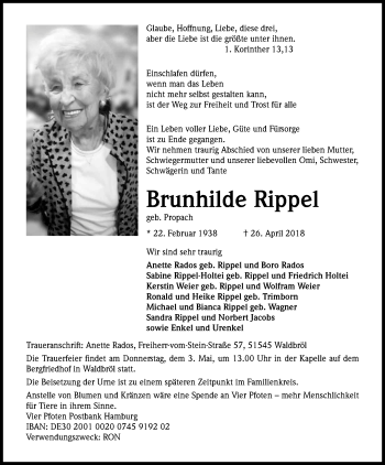 Anzeige von Brunhilde Rippel von Kölner Stadt-Anzeiger / Kölnische Rundschau / Express