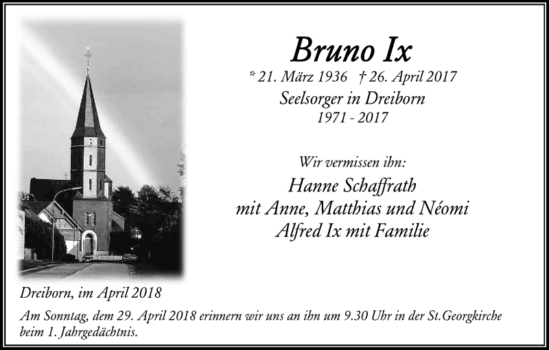  Traueranzeige für Bruno Ix vom 21.04.2018 aus Kölner Stadt-Anzeiger / Kölnische Rundschau / Express