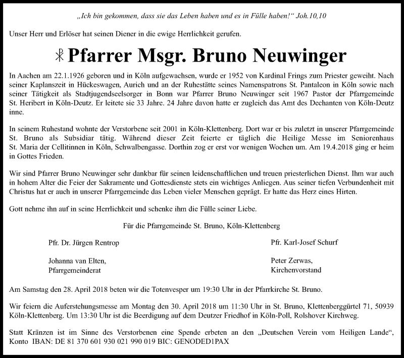  Traueranzeige für Bruno Neuwinger vom 25.04.2018 aus Kölner Stadt-Anzeiger / Kölnische Rundschau / Express