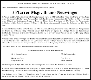 Anzeige von Bruno Neuwinger von Kölner Stadt-Anzeiger / Kölnische Rundschau / Express
