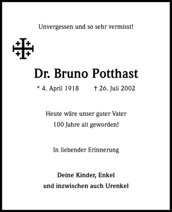 Anzeige von Bruno Potthast von Kölner Stadt-Anzeiger / Kölnische Rundschau / Express