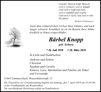 Anzeige von Bärbel Knopp von Kölner Stadt-Anzeiger / Kölnische Rundschau / Express