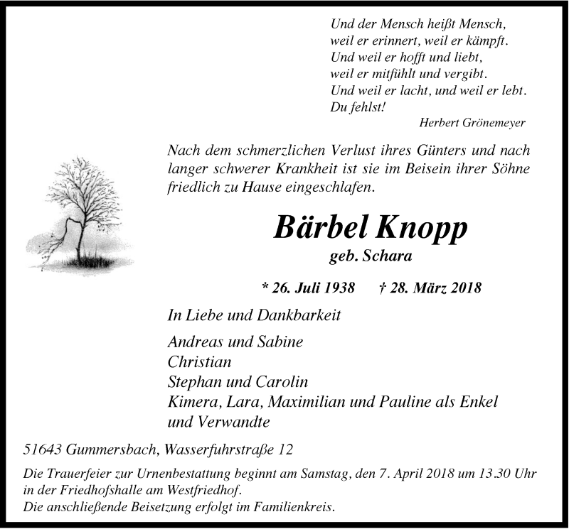  Traueranzeige für Bärbel Knopp vom 04.04.2018 aus  Anzeigen Echo 