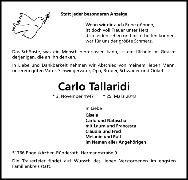  Traueranzeige für Carlo Tallaridi vom 11.04.2018 aus Kölner Stadt-Anzeiger / Kölnische Rundschau / Express