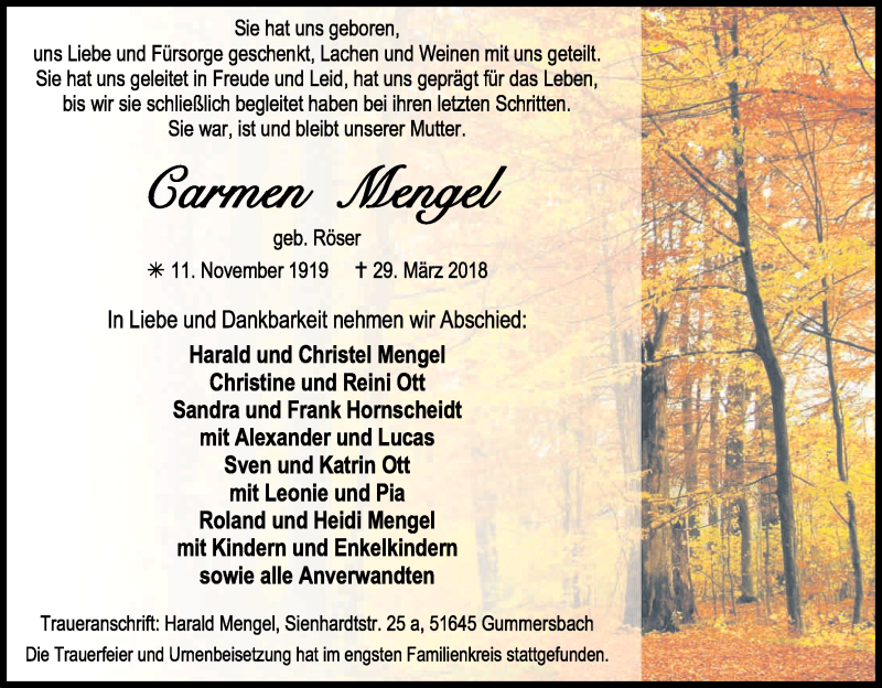  Traueranzeige für Carmen Mengel vom 14.04.2018 aus Kölner Stadt-Anzeiger / Kölnische Rundschau / Express