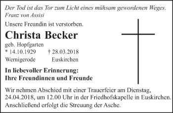 Anzeige von Christa Becker von  Blickpunkt Euskirchen 