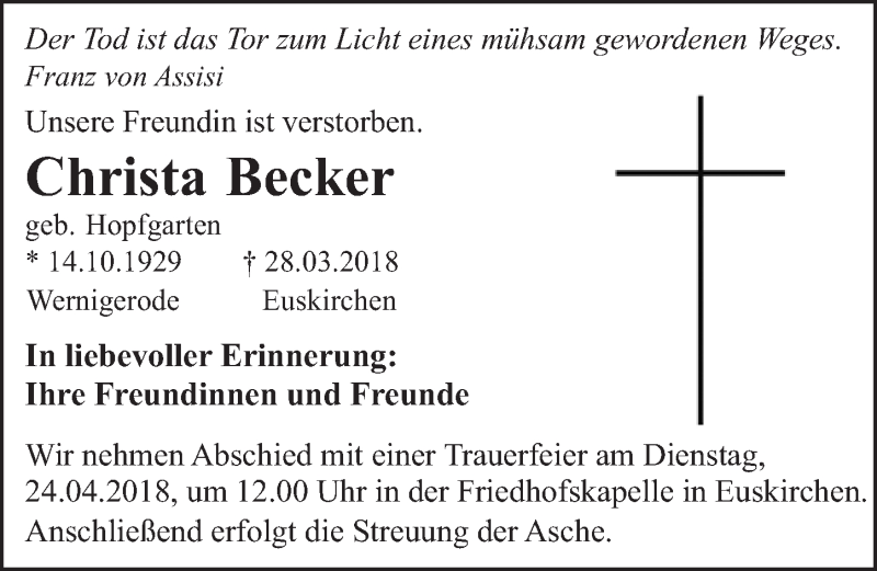  Traueranzeige für Christa Becker vom 21.04.2018 aus  Blickpunkt Euskirchen 