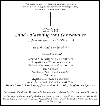 Anzeige von Christa Eliad - Haehling von Lanzenauer von Kölner Stadt-Anzeiger / Kölnische Rundschau / Express