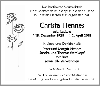 Anzeige von Christa Hennes von  Anzeigen Echo 